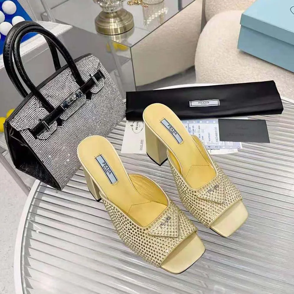 Prada High-Heeled Satin Slides with Crystals for Women in Yellow