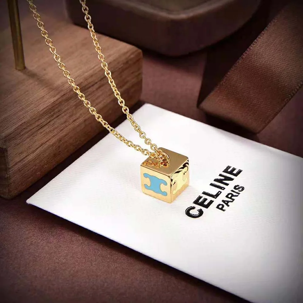 Celine Triomphe Cube Necklace in Brass with Gold Finish and Colored Enamel for Women Celine Triomphe Cube Necklace in Brass with Gold Finish and Colored Enamel for Women