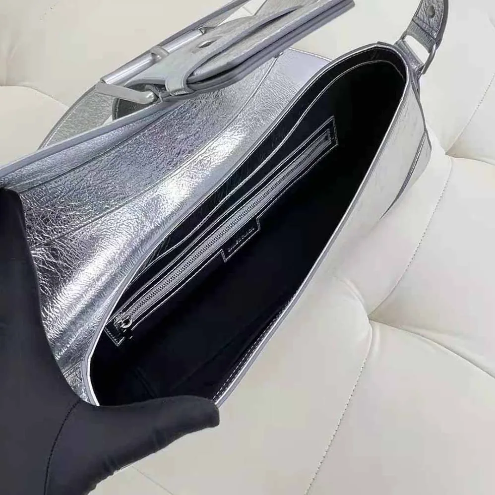 Balenciaga Lindsay Small Shoulder Bag with Strap Pleated Mirror Effect for Women in Silver Balenciaga Lindsay Small Shoulder Bag with Strap Pleated Mirror Effect for Women in Silver