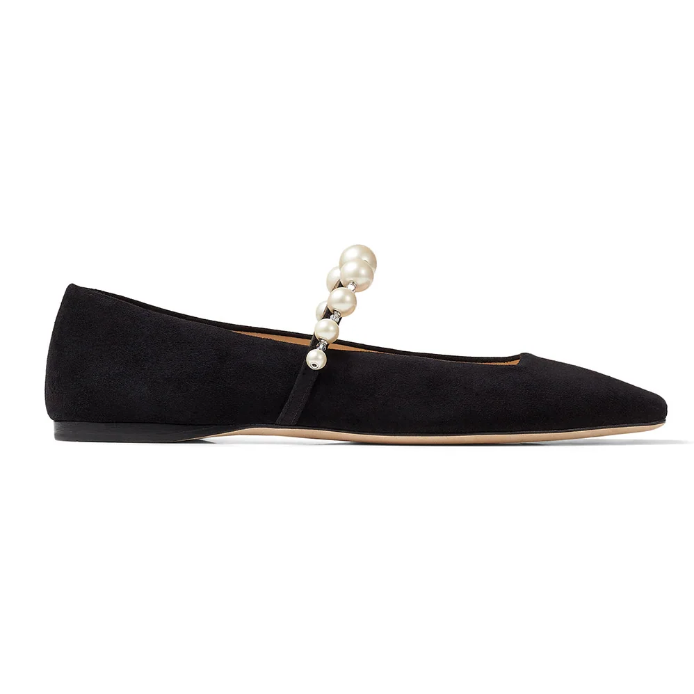 Jimmy Choo Ade Flat Ballet Black Suede Flats with Pearl Embellishment for Women