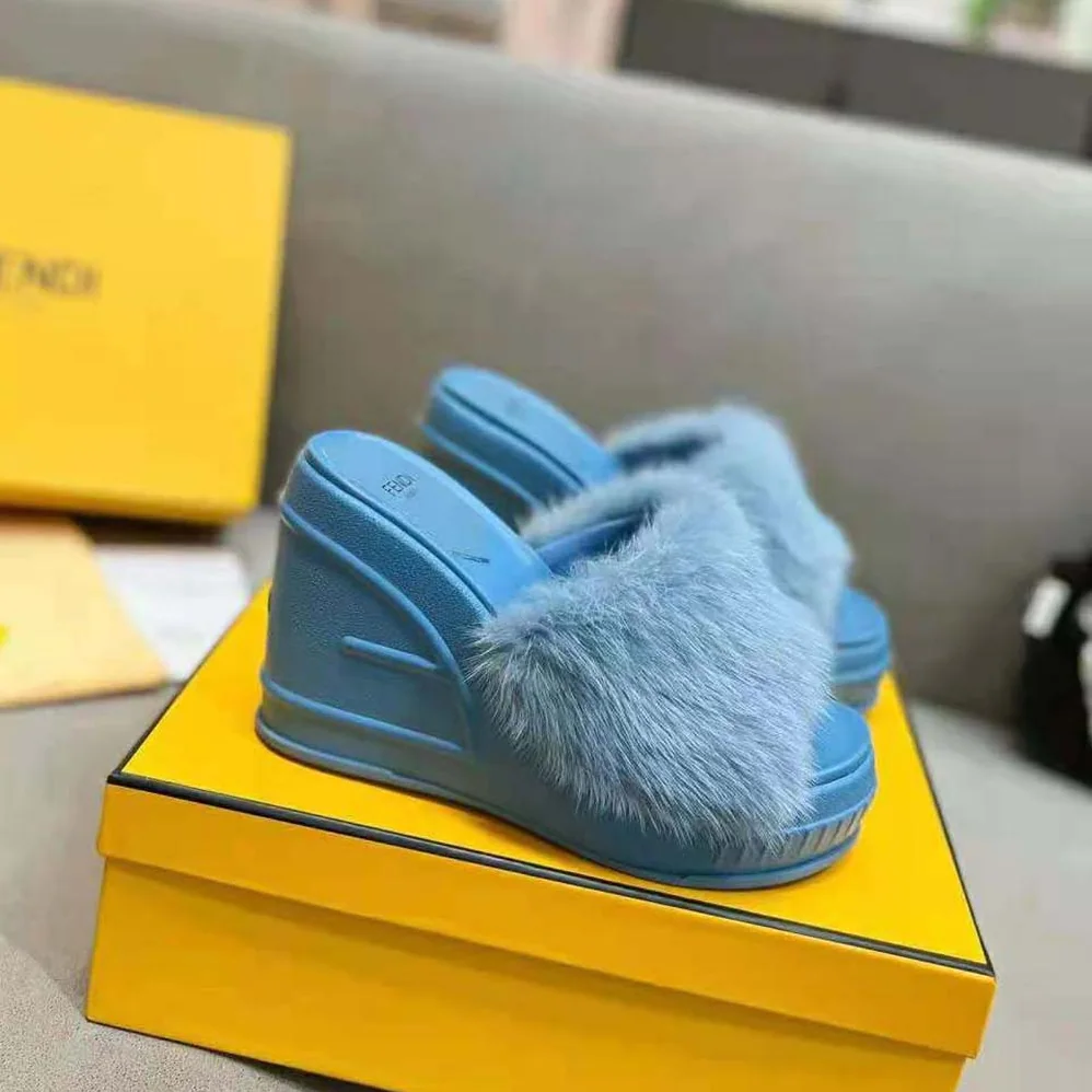 Fendi Fashion Show Blue Mink Slides for Women