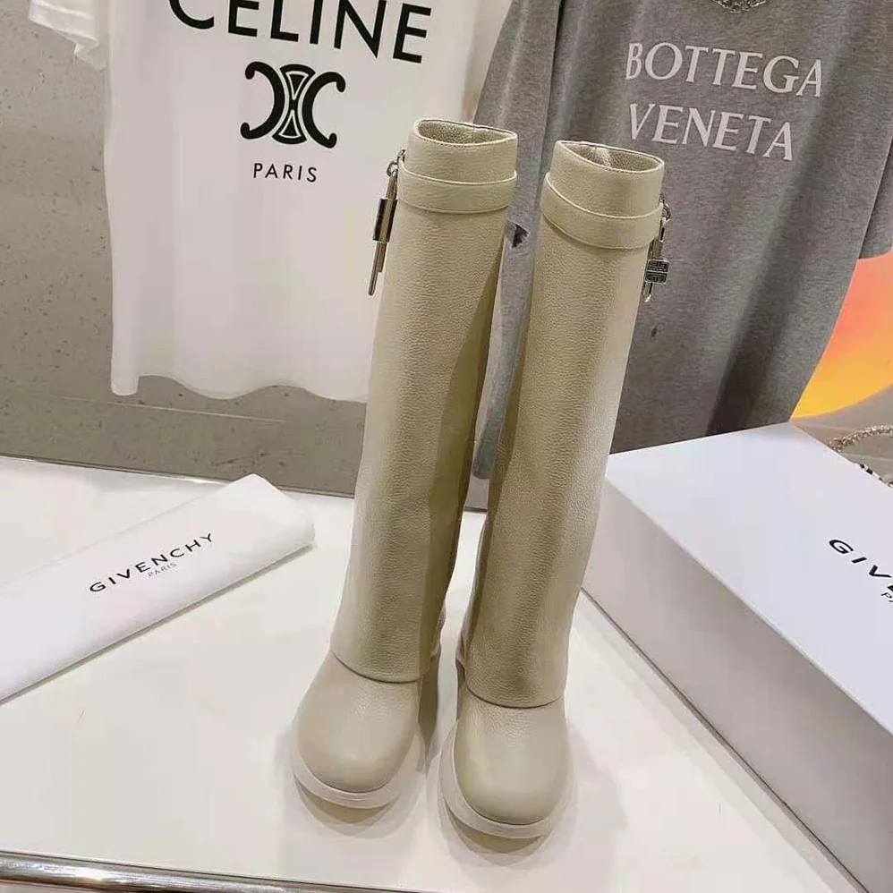 Givenchy Shark Lock Biker Boots in Grained Leather for Women in Beige