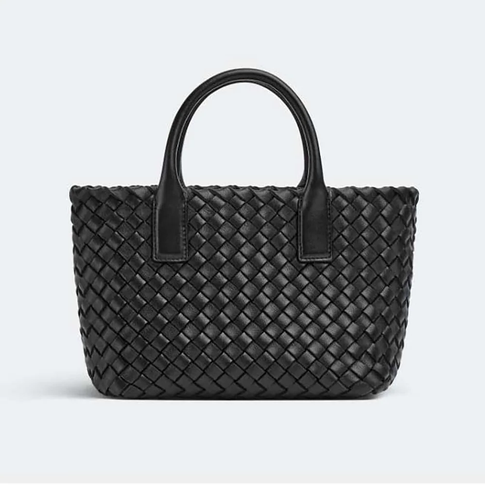 Bottega Veneta Mini Cabat Intreccio Leather Tote Bag with Detachable Strap for Women in Black Bottega Veneta Mini Cabat Intreccio Leather Tote Bag with Detachable Strap for Women in Black