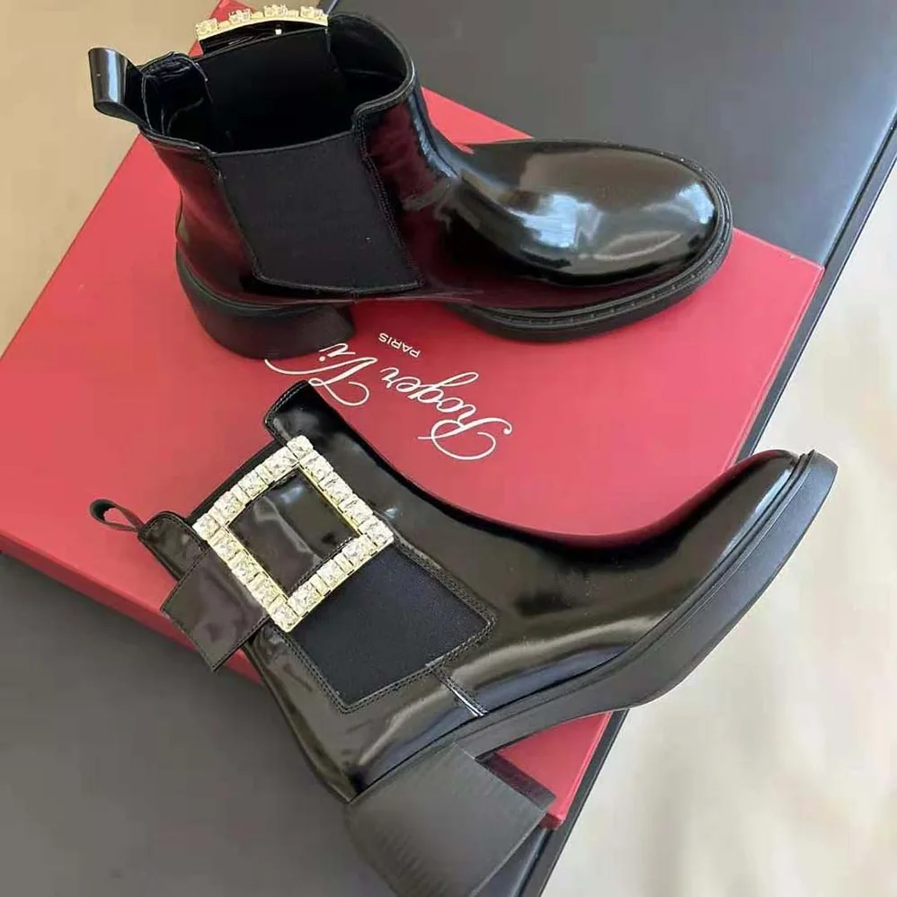 Roger Vivier Viv' Rangers Strass Buckle Chelsea Ankle Boots in Patent Leather for Women Roger Vivier Viv' Rangers Strass Buckle Chelsea Ankle Boots in Patent Leather for Women