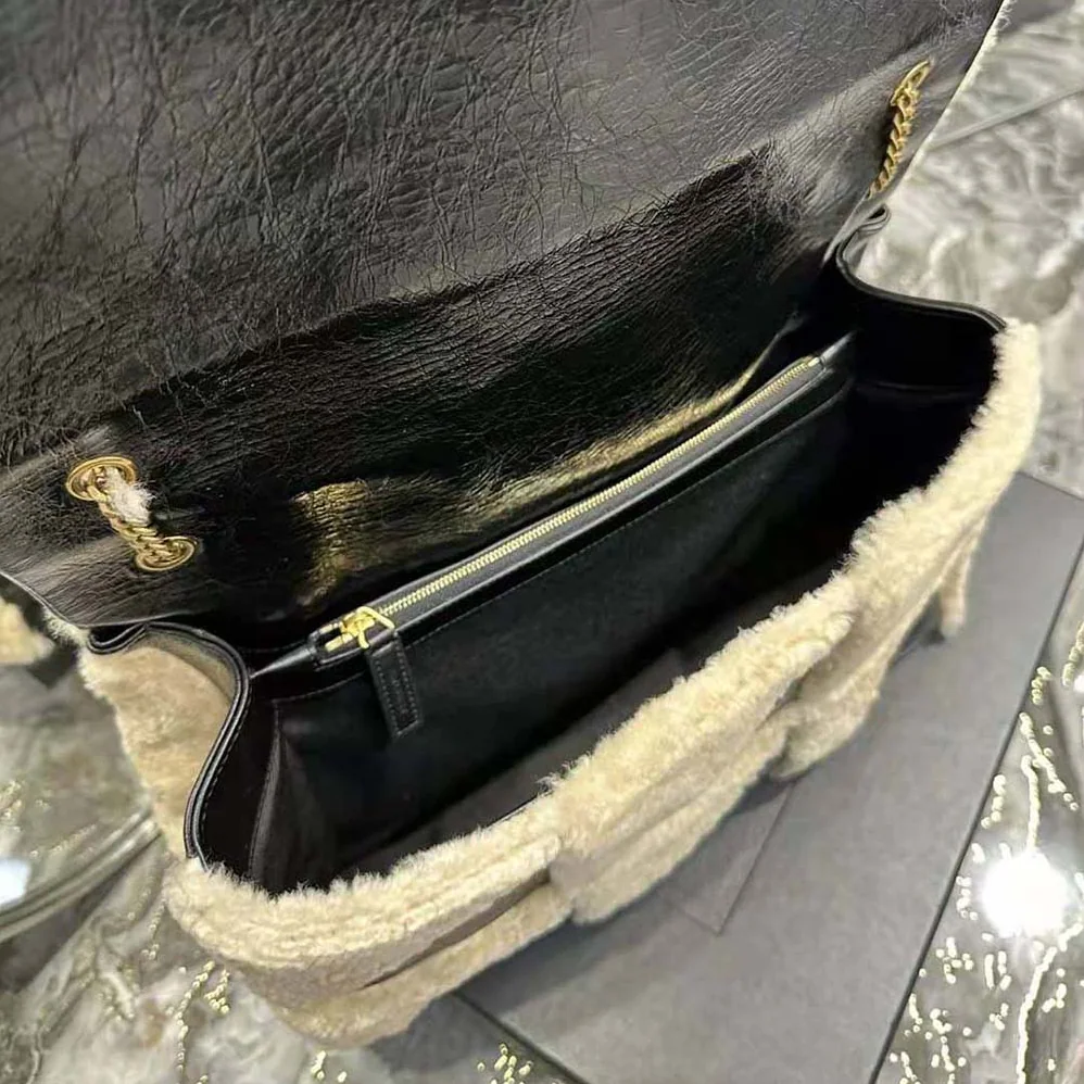 Saint Laurent YSL Jamie Giant Chain Bag “Carré Rive Gauche” in Suede and Shearling Patchwork for Women in Black Saint Laurent YSL Jamie Giant Chain Bag “Carré Rive Gauche” in Suede and Shearling Patchwork for Women in Black