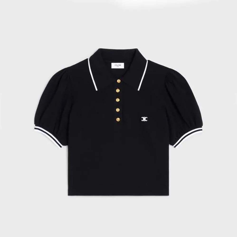 Celine Cropped Triomphe Polo Shirt in Cotton Piqué for Women Celine Cropped Triomphe Polo Shirt in Cotton Piqué for Women