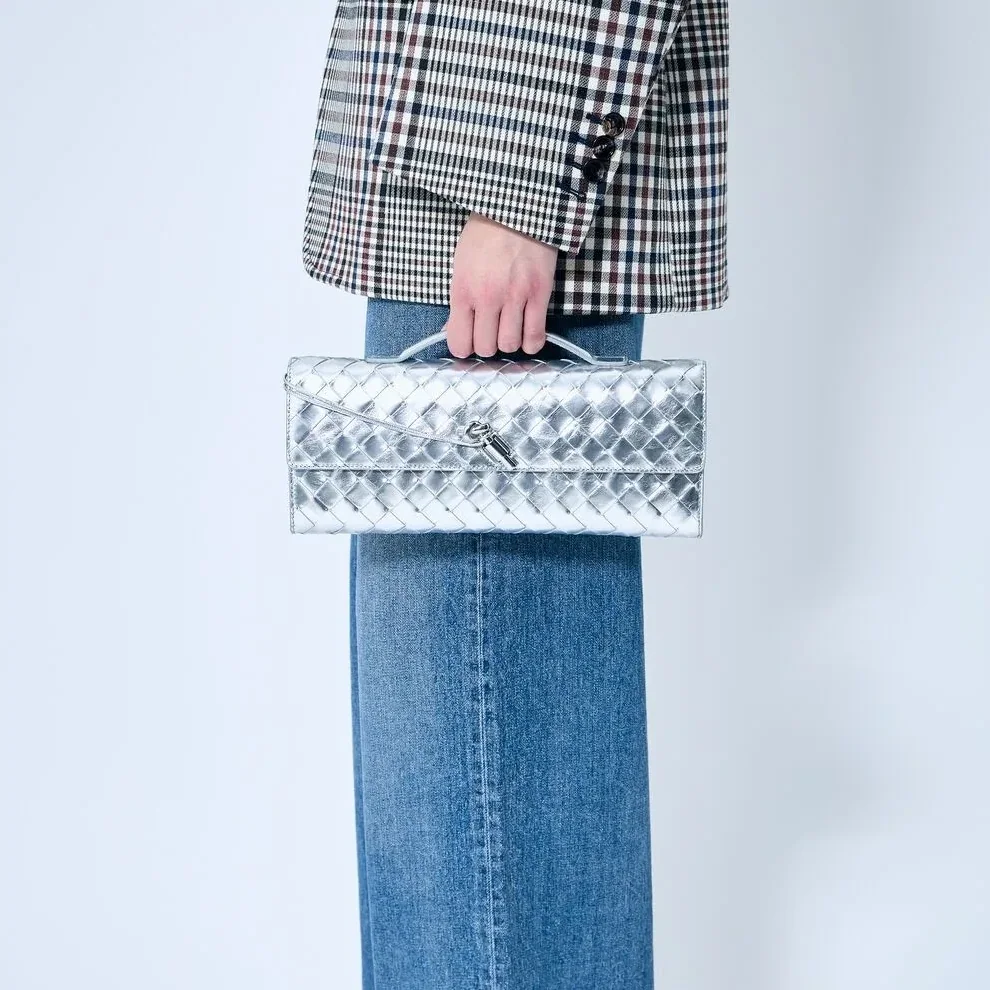 Bottega Veneta Andiamo Clutch in Silver Metallic Silver Hardware Bottega Veneta Andiamo Clutch in Silver Metallic Silver Hardware