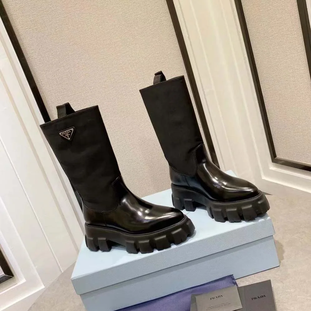 Prada Monolith Leather and Nylon Boots for Women in Black Prada Monolith Leather and Nylon Boots for Women in Black