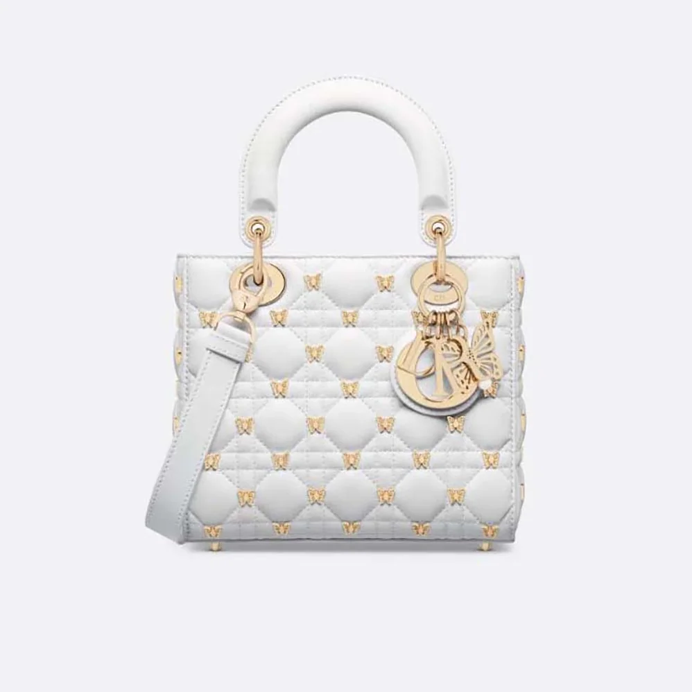 Dior Small Lady Dior Bag White Cannage Lambskin with Gold for Women in Finish Butterfly Studs Dior Small Lady Dior Bag White Cannage Lambskin with Gold for Women in Finish Butterfly Studs