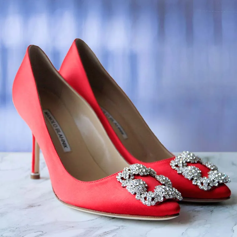 Manolo Blahnik Hangisi Satin Jewel Buckled Pumps Shoes Red for Women Manolo Blahnik Hangisi Satin Jewel Buckled Pumps Shoes Red for Women