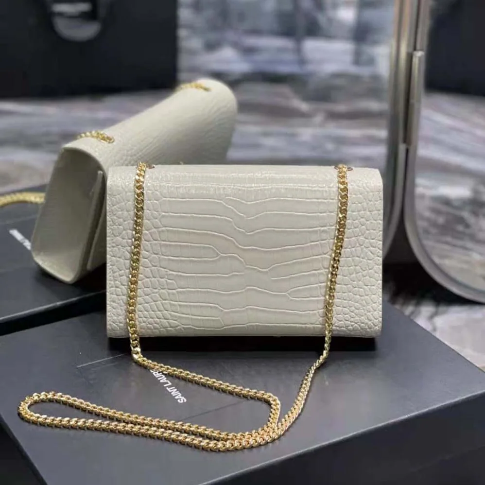 Saint Laurent YSL Kate Medium with Tassel in Crocodile-Embossed Shiny Leather for Women in White Saint Laurent YSL Kate Medium with Tassel in Crocodile-Embossed Shiny Leather for Women in White