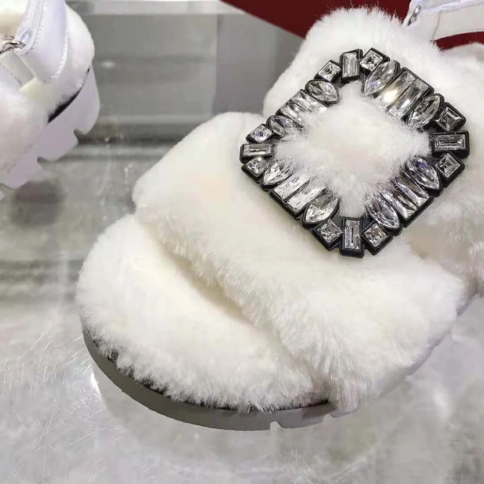 Roger Vivier Viv' Winter Fur Strass Buckle Sandals in Sheepskin for Women in White