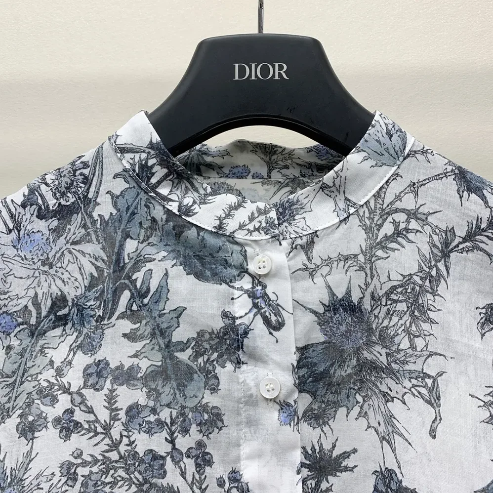 Dior Long Blouse White Cotton Muslin with Blue Dior Chardons Motif for Women