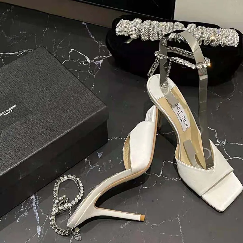 Jimmy Choo Saeda Sandal 100 Ivory Satin Sandals with Crystal Embellishment for Women Jimmy Choo Saeda Sandal 100 Ivory Satin Sandals with Crystal Embellishment for Women