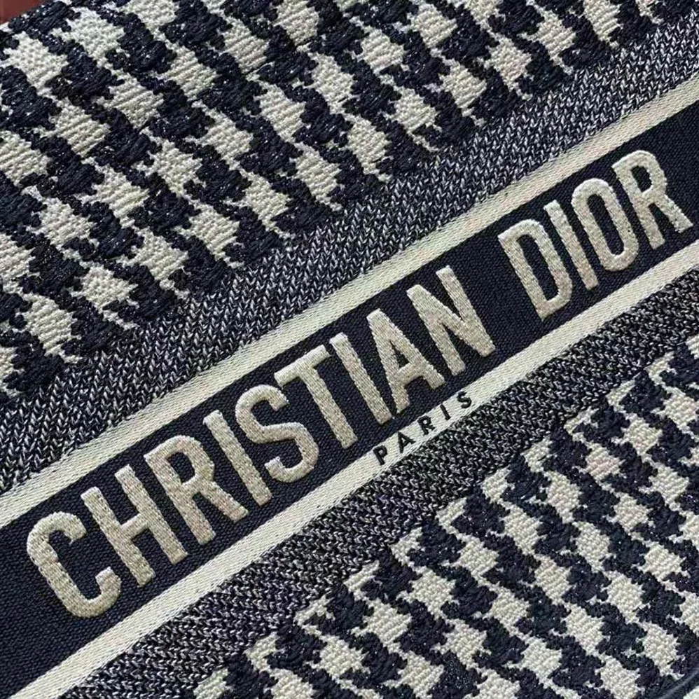 Dior Small Dior Book Tote Black Houndstooth Embroidery for Women