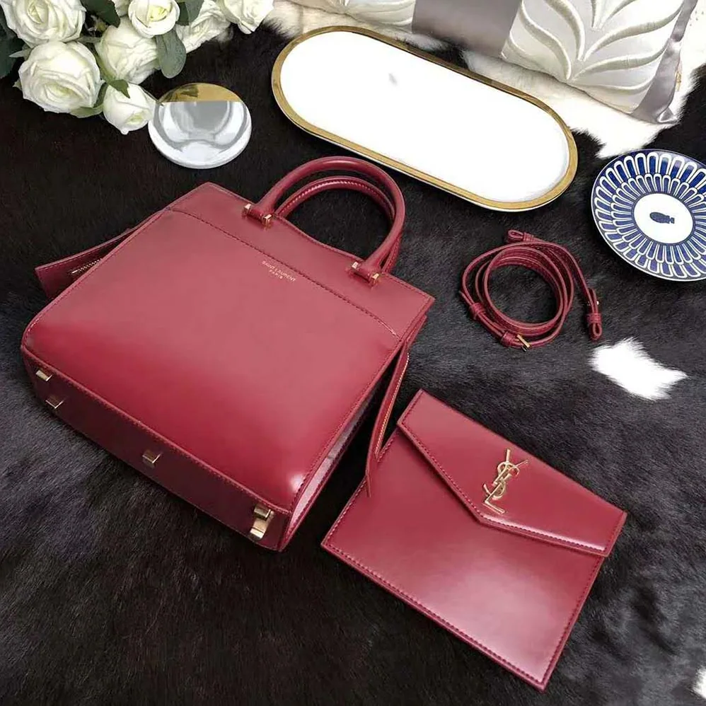 Saint Laurent YSL Uptown Small Tote Shiny Smooth for Women in Red