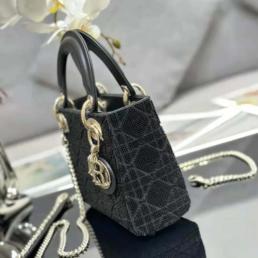 Dior Mini Lady D-joy Bag Black Cannage Cotton with Micropearl Embroidery for Women Dior Mini Lady D-joy Bag Black Cannage Cotton with Micropearl Embroidery for Women