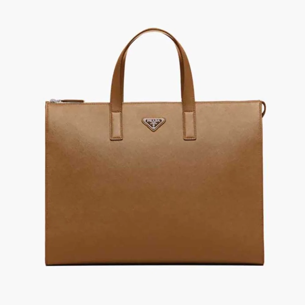 Prada Saffiano Leather Tote with a Crosshatch Pattern and Wax Finish for Men in Brown