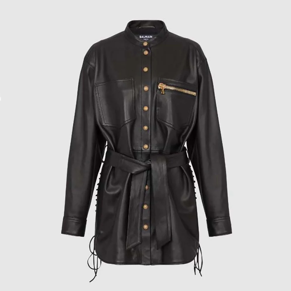 Balmain Leather Overshirt with Lace for Women in up Details