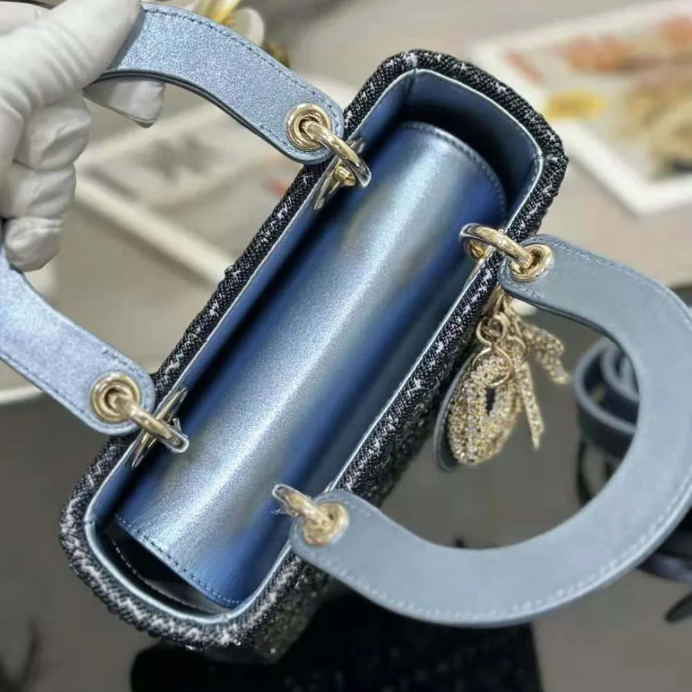 Dior Small Lady Dior Bag Metallic Calfskin and Satin with Celestial Blue Bead Embroidery for Women