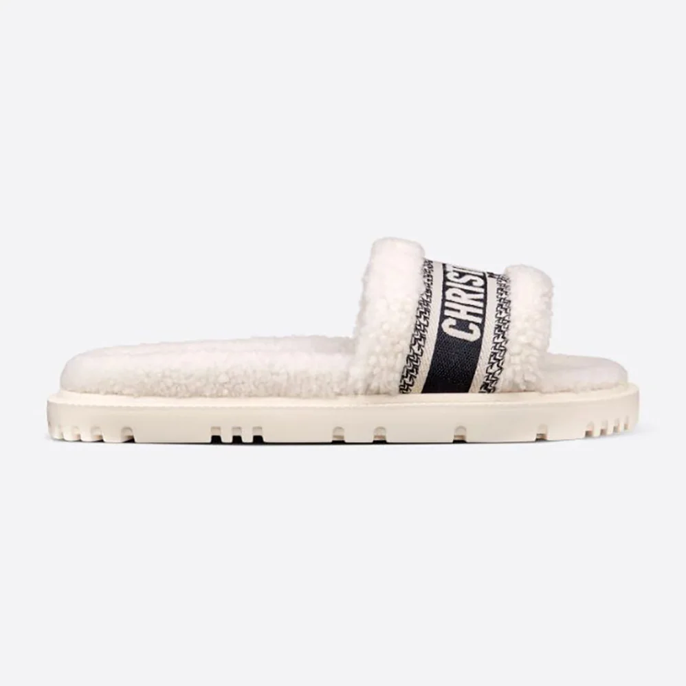 Dior Dway Slide White Embroidered Cotton and Shearling for Women Dior Dway Slide White Embroidered Cotton and Shearling for Women