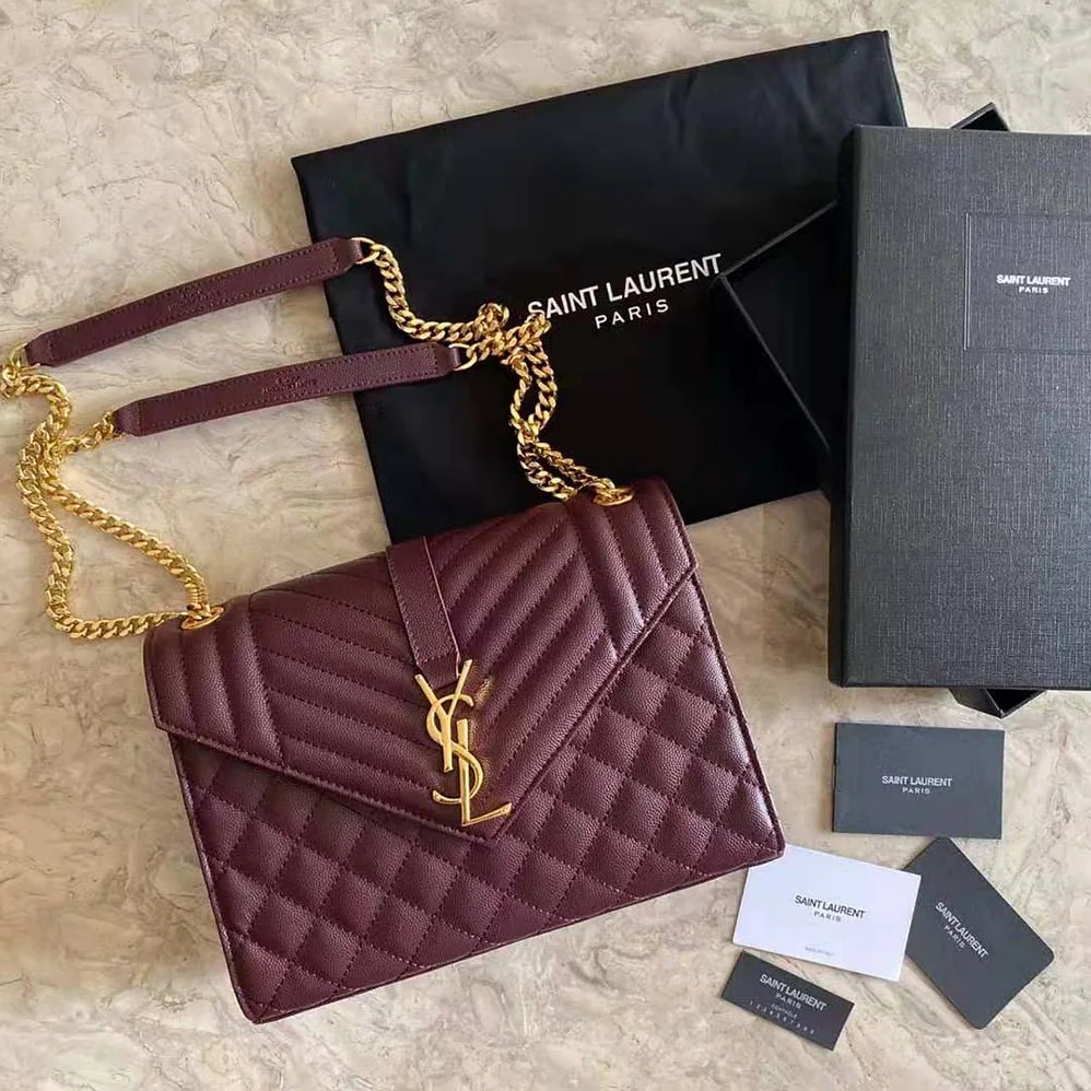 Saint Laurent YSL Envelope Medium Bag in Mix Matelasse Grain DE Poudre Embossed Leather for Women in Maroon