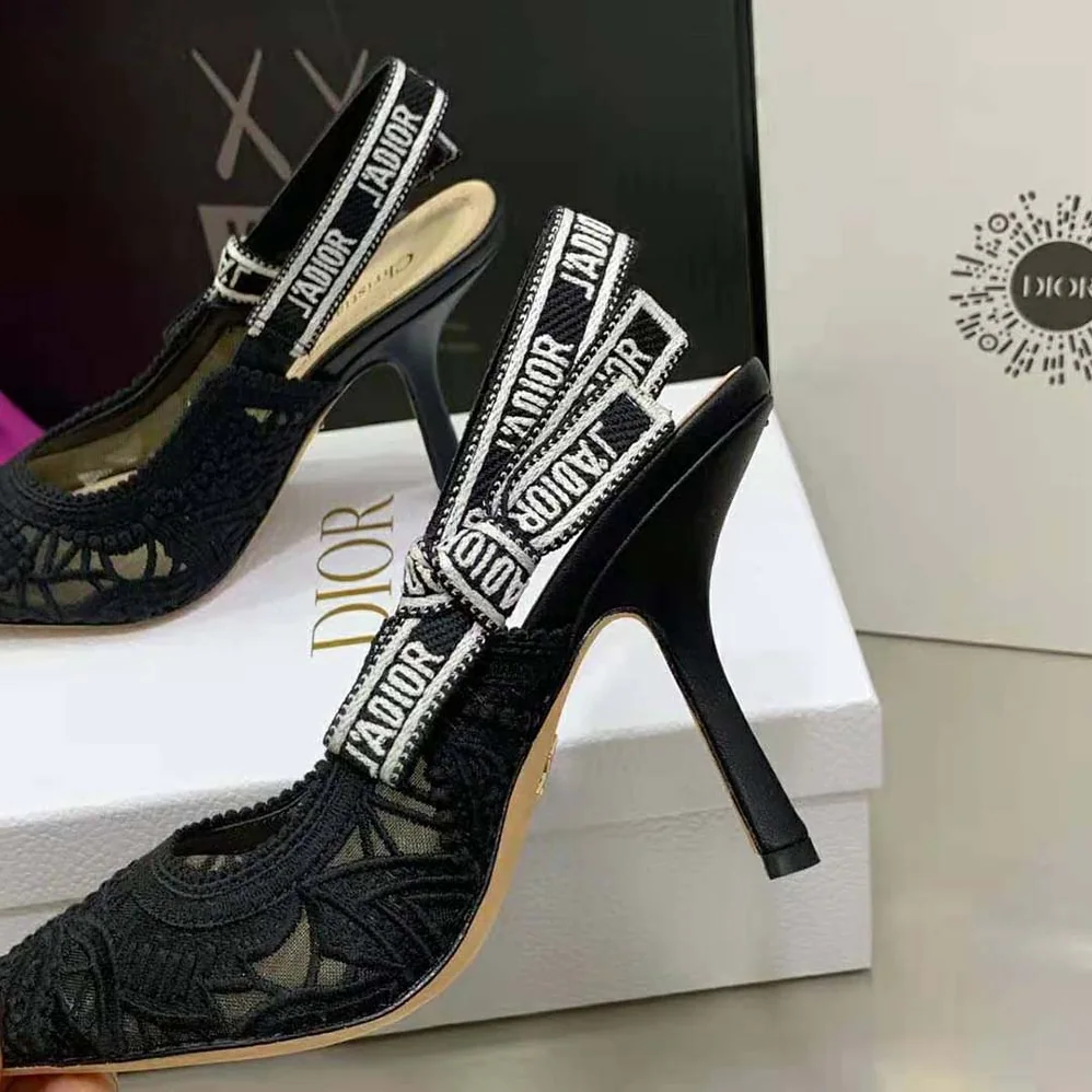 Dior J Adior Slingback Pump Black Macramé Embroidered Cotton for Women Dior J Adior Slingback Pump Black Macramé Embroidered Cotton for Women