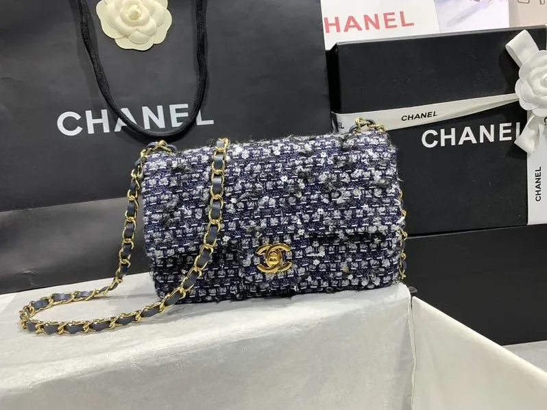 Chanel Tweed Flap Bag Mini Crossbody in Dark Blue Gold Hardware Chanel Tweed Flap Bag Mini Crossbody in Dark Blue Gold Hardware