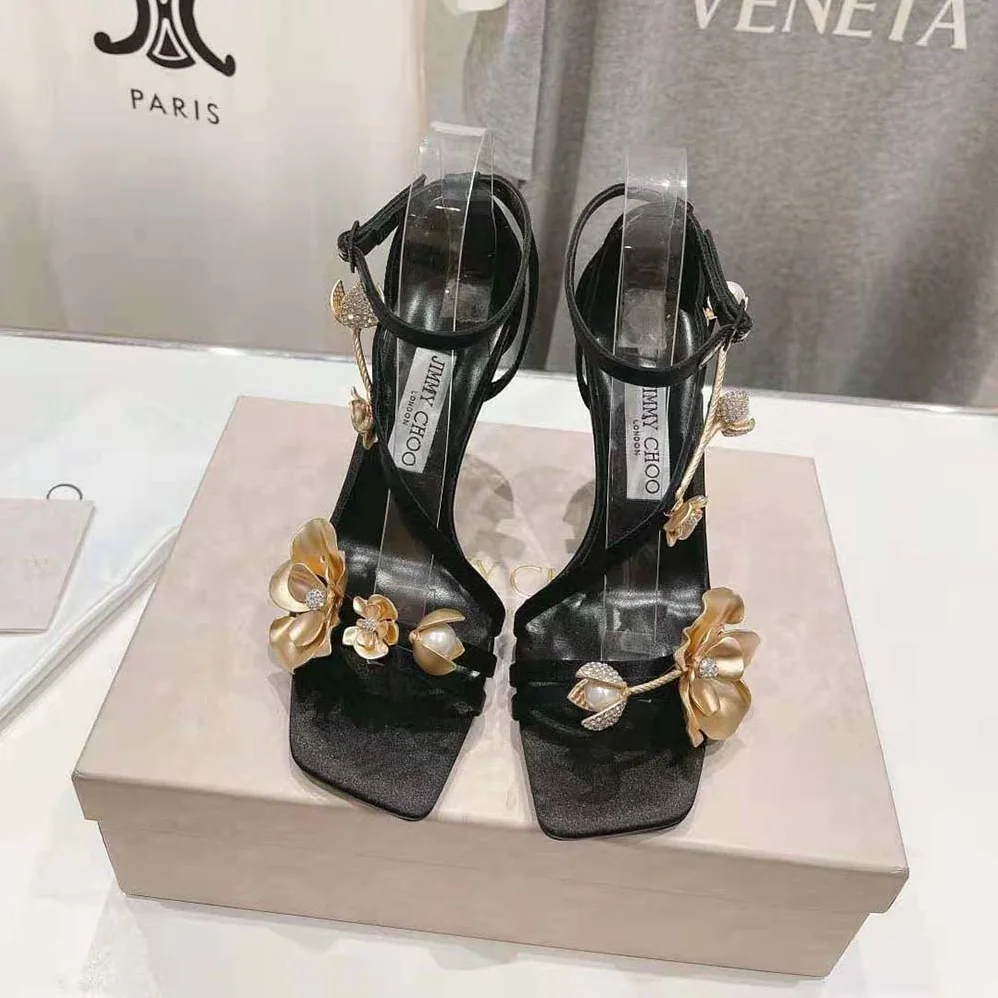Jimmy Choo Zea 95 Black Satin Sandals with Metal Flowers-ZEA95BGU for Women Jimmy Choo Zea 95 Black Satin Sandals with Metal Flowers-ZEA95BGU for Women