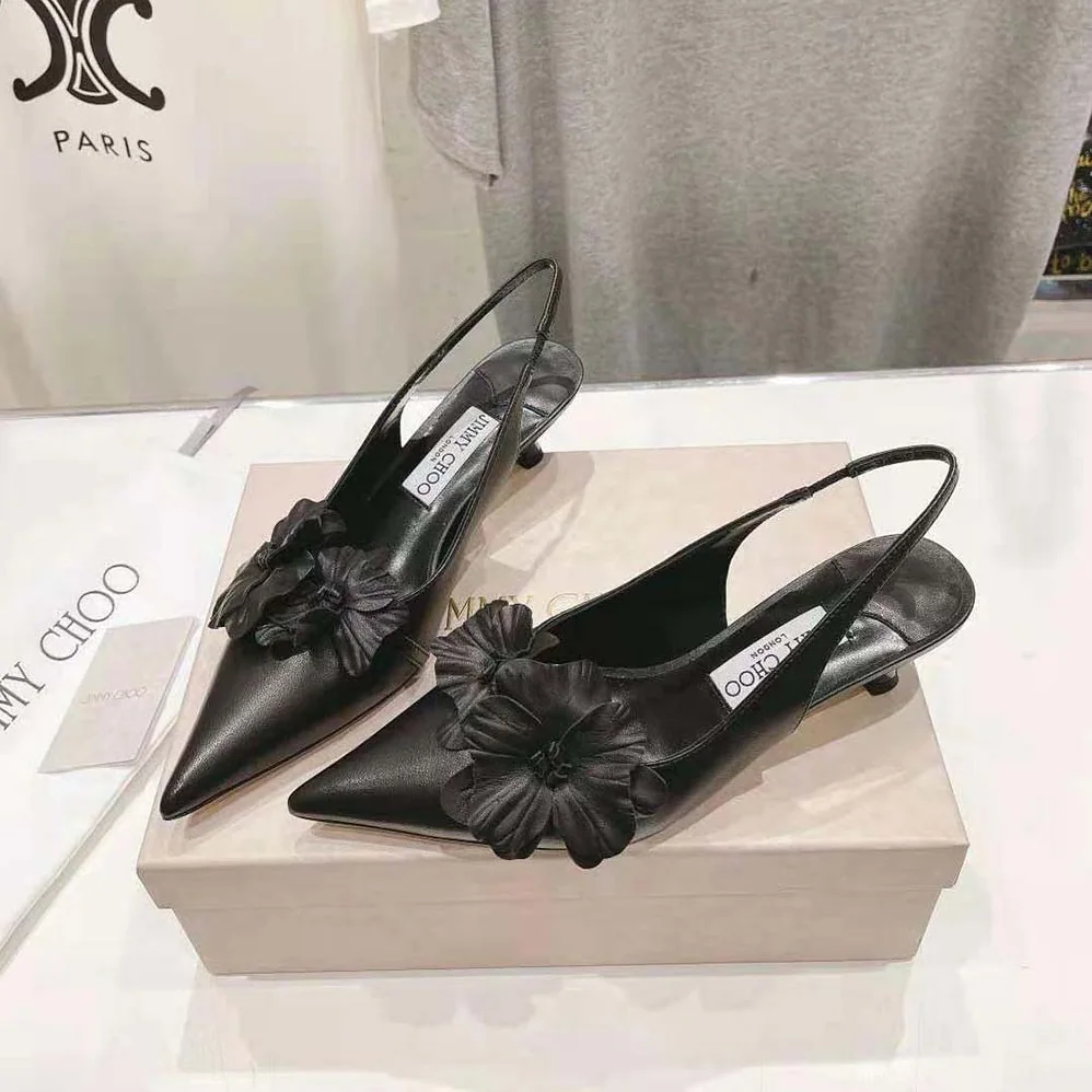 Jimmy Choo Amita Flowers 45 Black Nappa Leather Sling Back Pumps with Flowers for Women