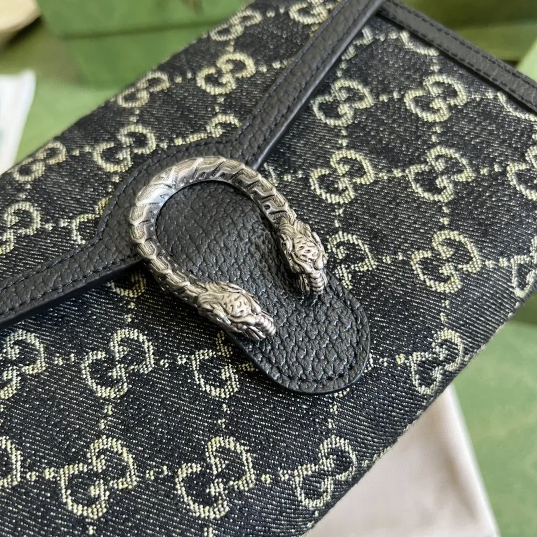 Gucci Dionysus Mini Chain Shoulder Bag / Black/ Ivory GG Denim Jacquard Palladium Hardware