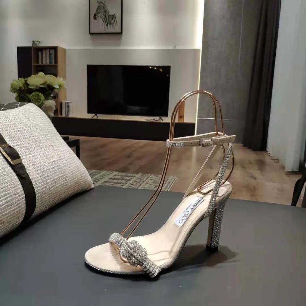 Jimmy Choo Thyra 100 Nude Suede Sandals with Pavé Crystal Cord Detail for Women Jimmy Choo Thyra 100 Nude Suede Sandals with Pavé Crystal Cord Detail for Women