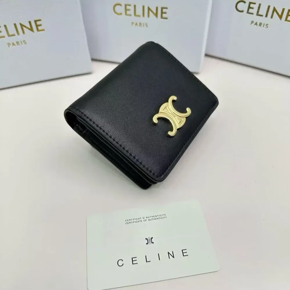 Celine Triomphe Compact Wallet In Shiny Calfskin for Women Celine Triomphe Compact Wallet In Shiny Calfskin for Women