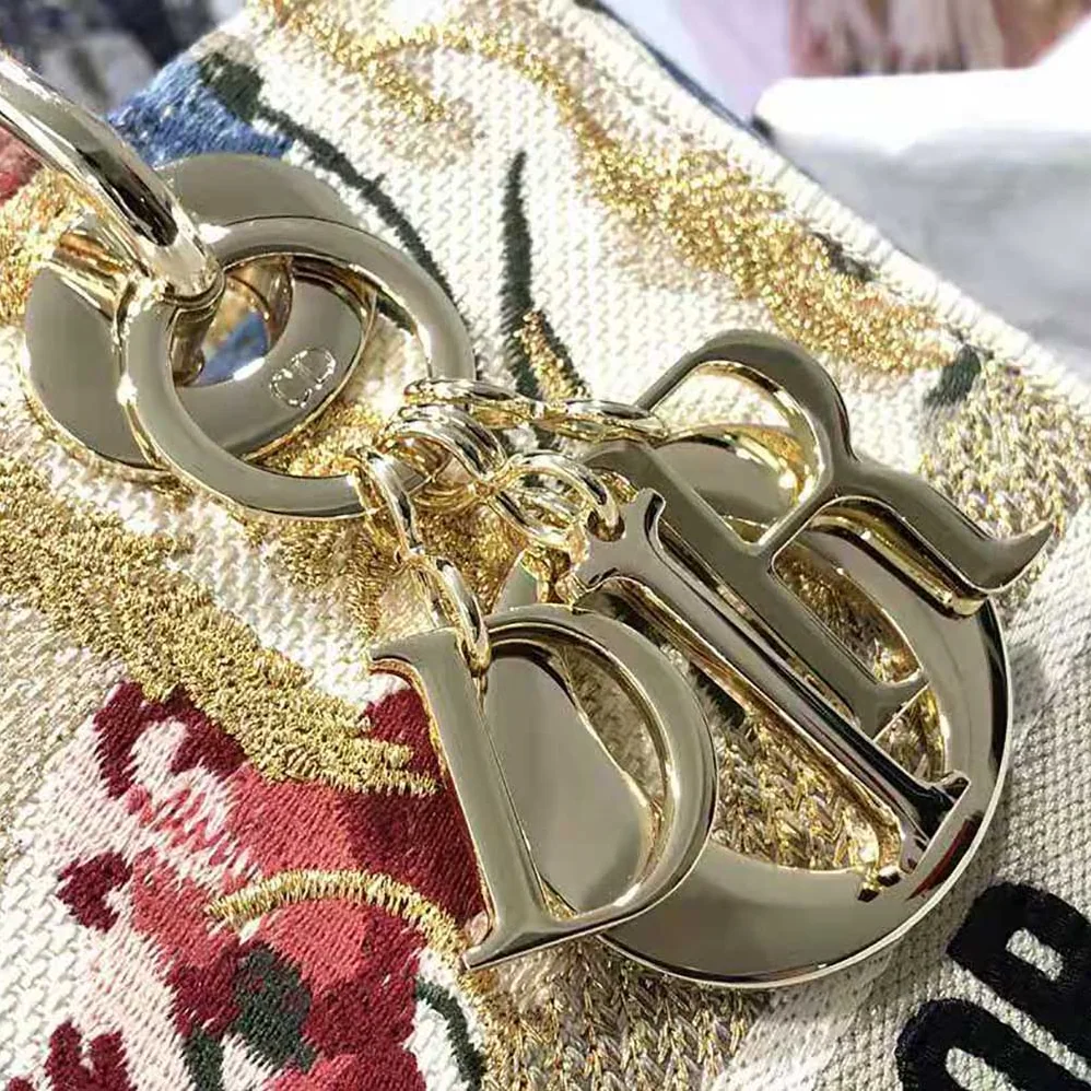 Dior Medium Lady D-lite Bag Beige Multicolor Dior Hibiscus Metallic Thread Embroidery for Women