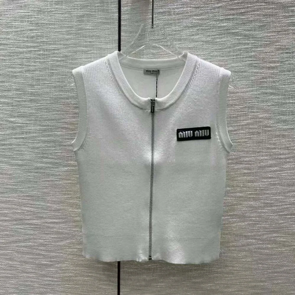 Miu Miu Viscose Knit Top with Knit Logo Patch for Women