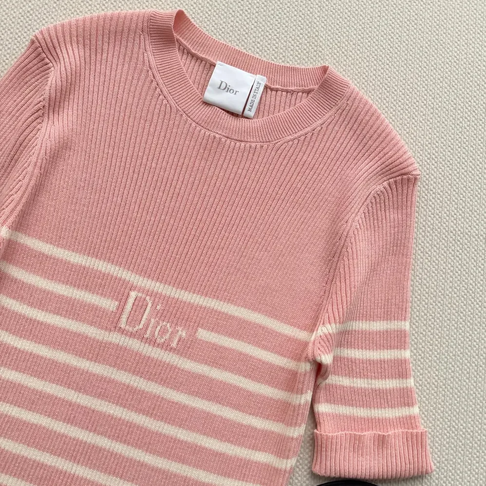 Dior Dioriviera Short-Sleeved Fitted Sweater White and Pink D for Women in Stripes Ribbed Cotton Knit Dior Dioriviera Short-Sleeved Fitted Sweater White and Pink D for Women in Stripes Ribbed Cotton Knit