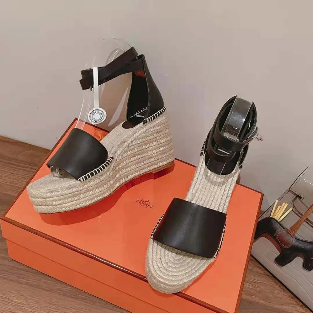 Hermes Tipoli Espadrille in Calfskin with Wrap-Around Ankle Strap for Women in Black Hermes Tipoli Espadrille in Calfskin with Wrap-Around Ankle Strap for Women in Black