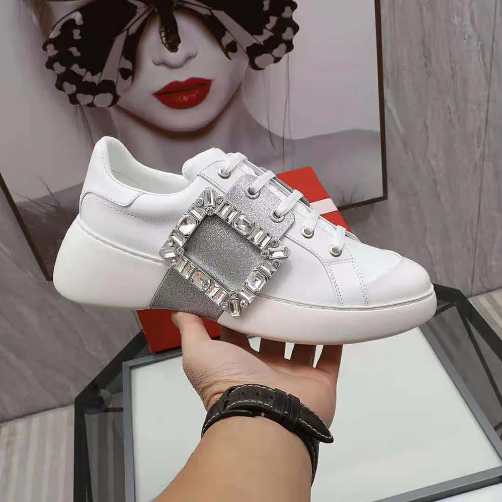 Roger Vivier Viv' Skate Glitter Strass Buckle Sneakers in Soft Leather for Women in Silver Roger Vivier Viv' Skate Glitter Strass Buckle Sneakers in Soft Leather for Women in Silver