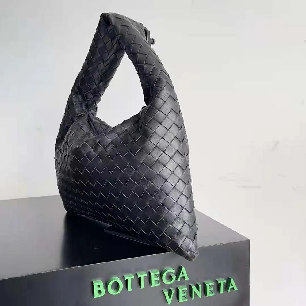 Bottega Veneta Small Hop with Intrecciato Craftsmanship in Calfskin Leather for Women in Black