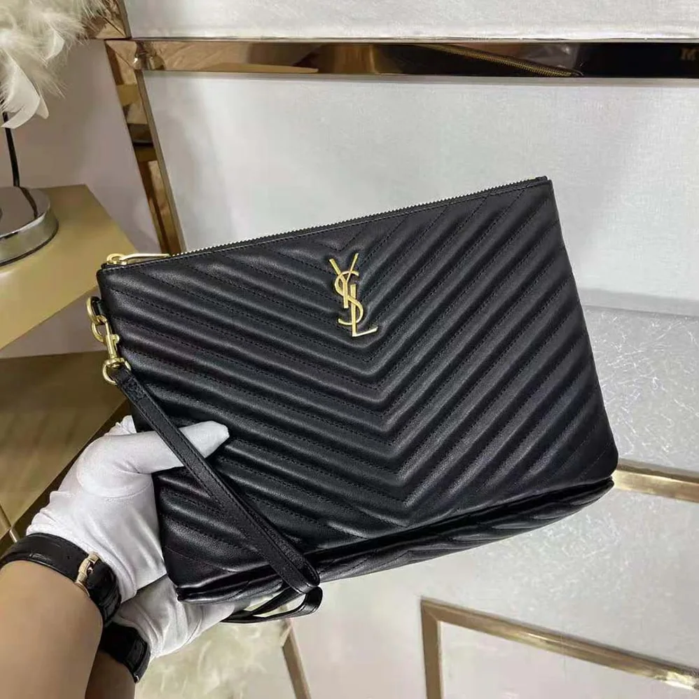 Saint Laurent YSL Monogram Tablet Pouch in Matelassé Leather for Women in Black Saint Laurent YSL Monogram Tablet Pouch in Matelassé Leather for Women in Black