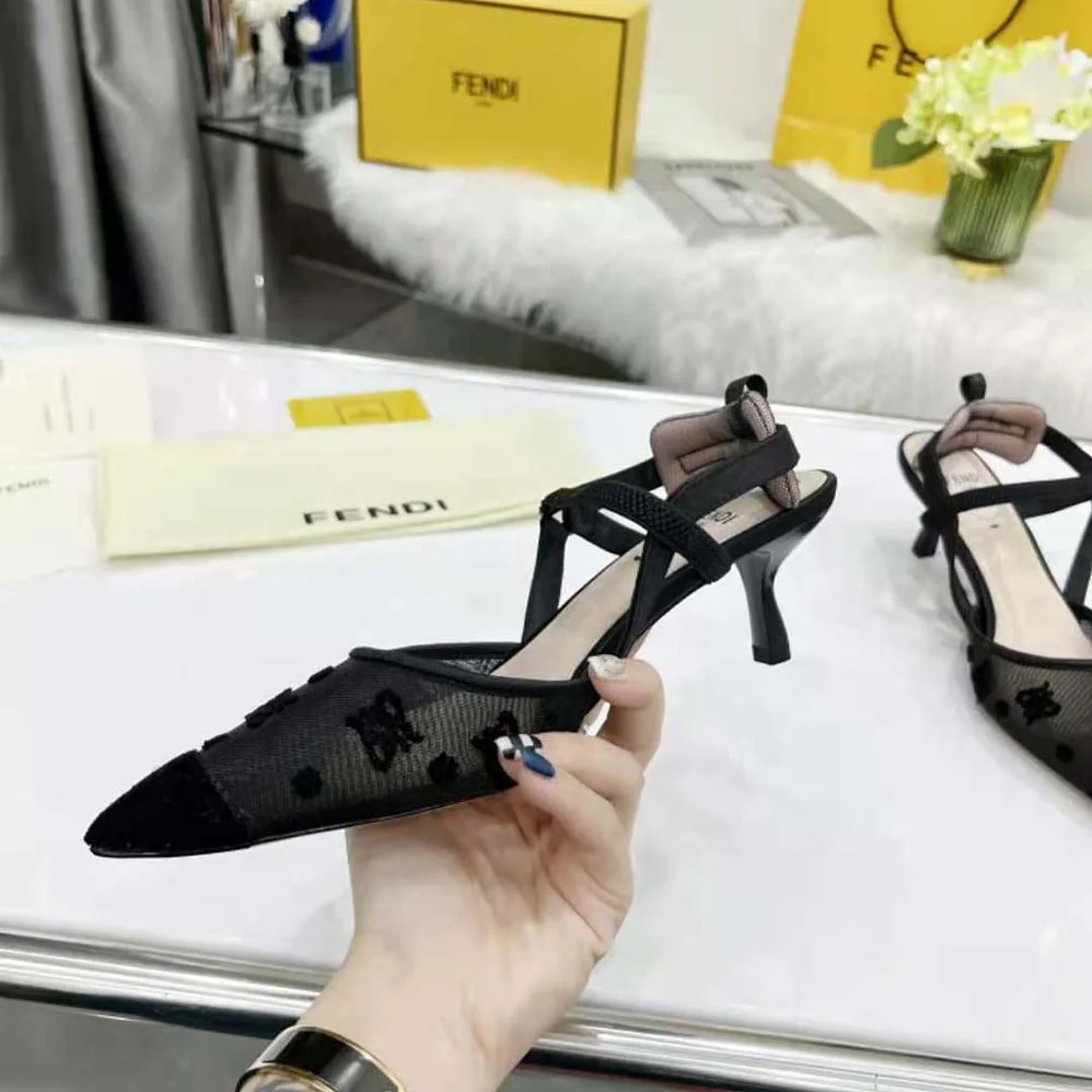 Fendi Colibri Lite Black mesh and FF Karligraphy Medium for Women in Heel Slingbacks