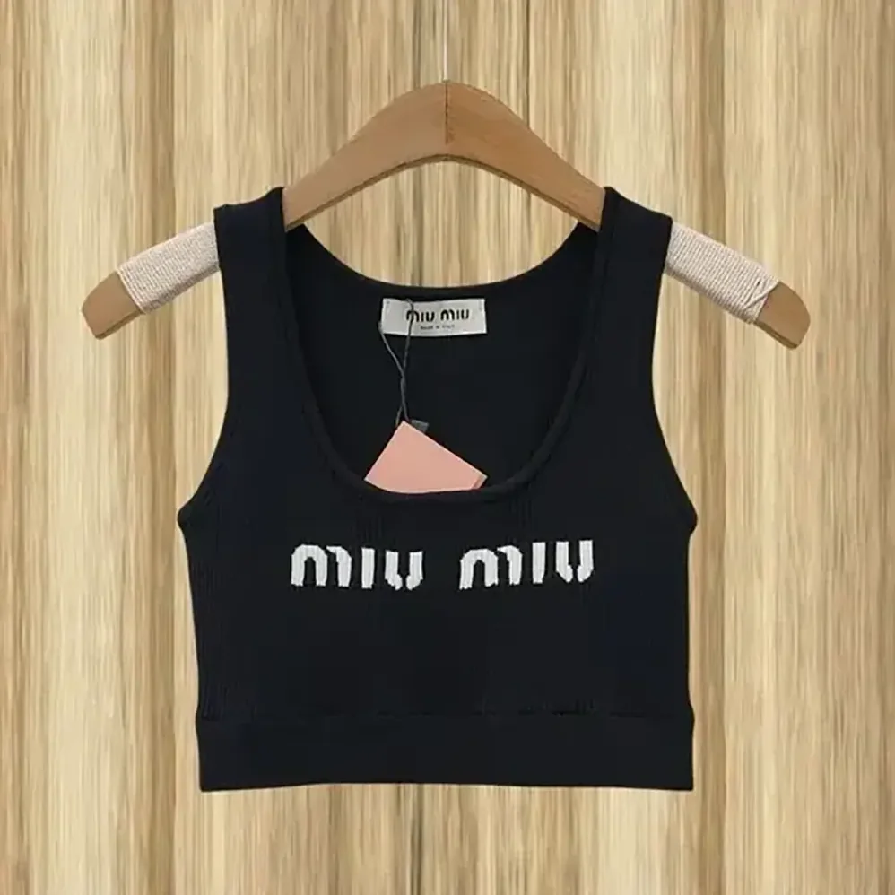 Miu Miu Viscose Top with Intarsia Logo Completes for Women in Black Miu Miu Viscose Top with Intarsia Logo Completes for Women in Black