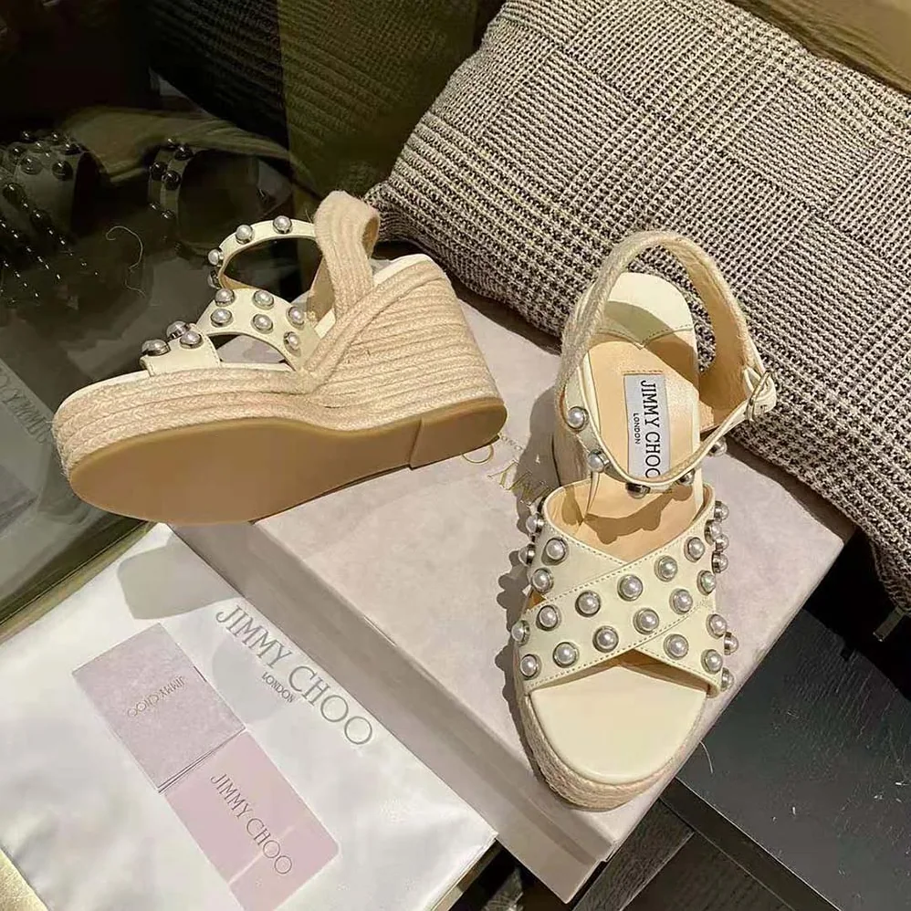 Jimmy Choo Dellena 100 Latte Nappa Wedges with Pearls for Women Jimmy Choo Dellena 100 Latte Nappa Wedges with Pearls for Women