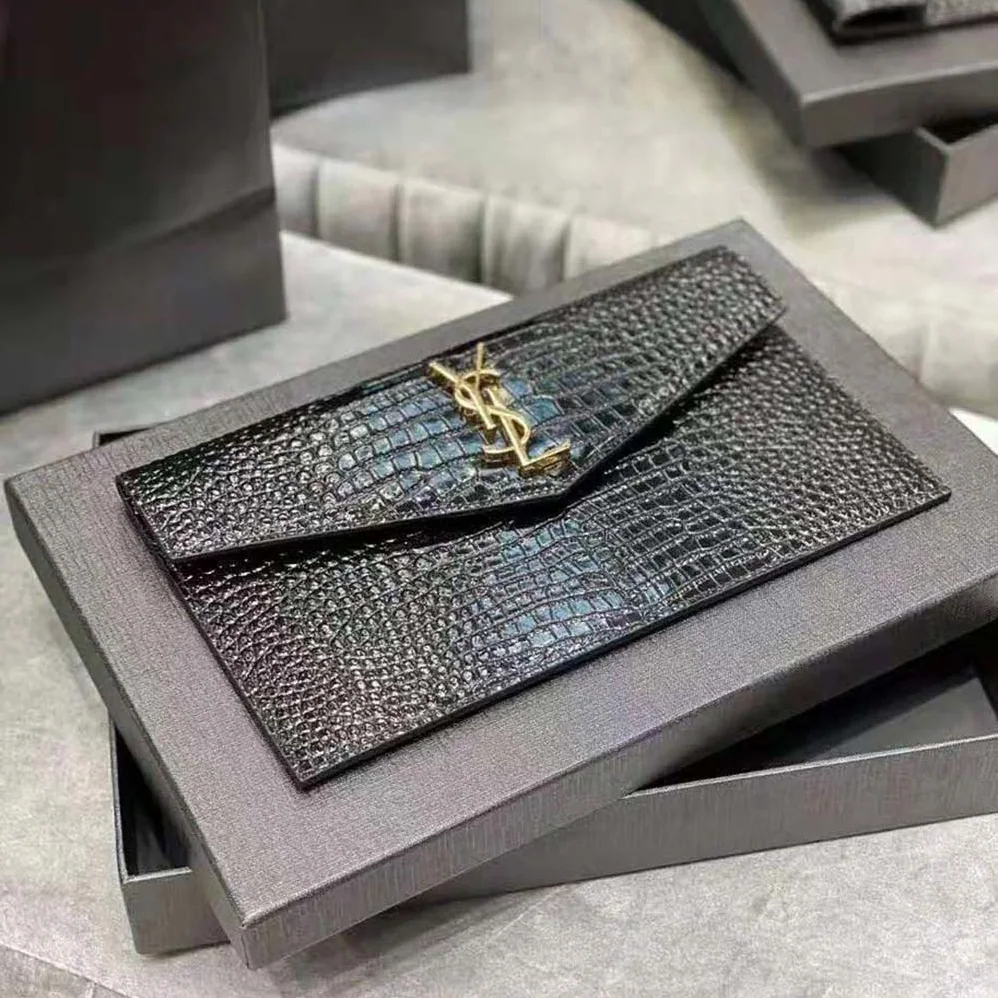 Saint Laurent YSL Uptown Pouch in Crocodile Embossed Shiny Leather for Women in Black