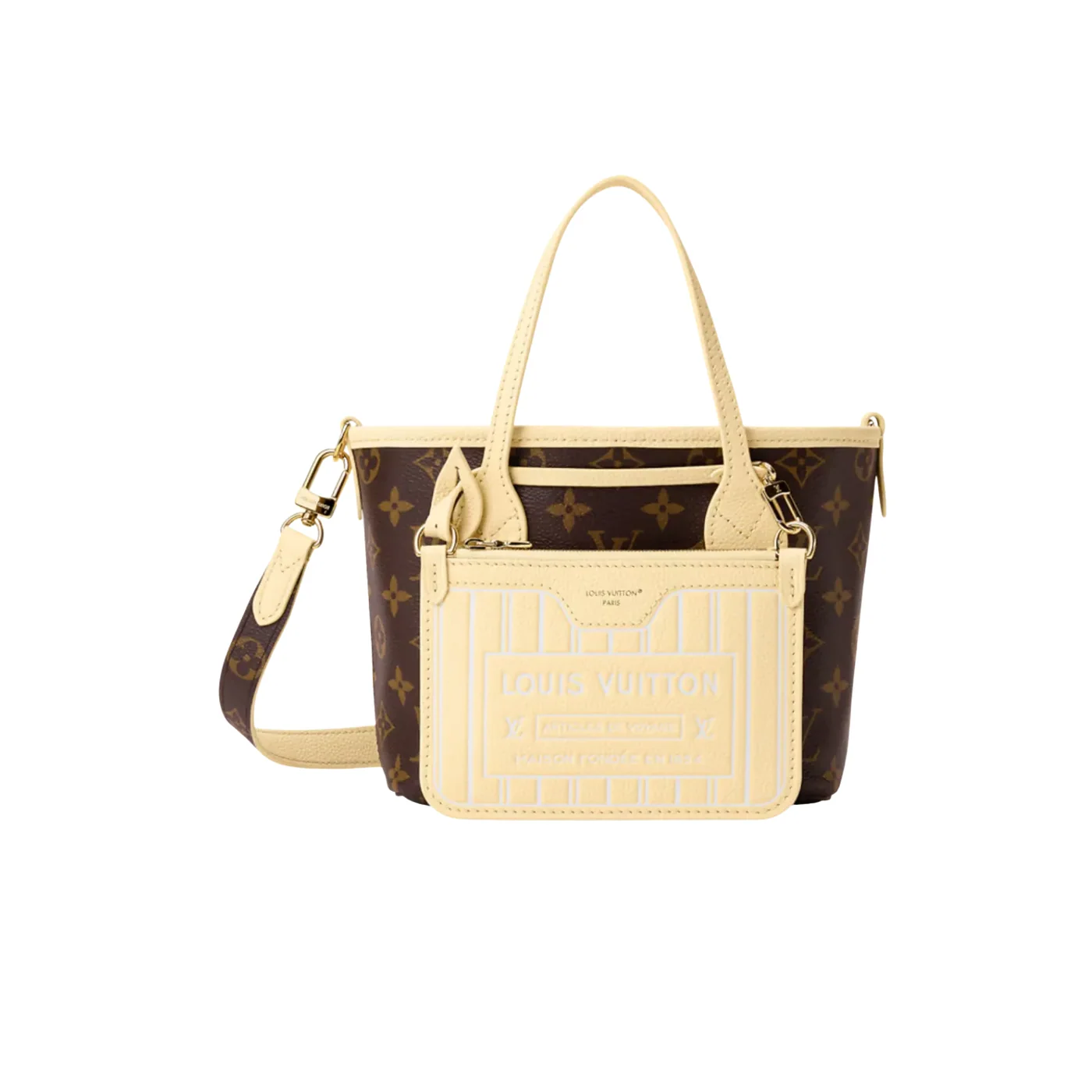 Louis Vuitton Neverfull Bandouliere Inside Out BB Tote Bag in Banane Monogram Gold Hardware