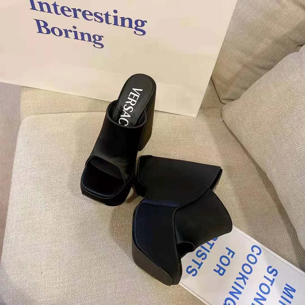 Versace Triplatform Leather Mules for Women in Black