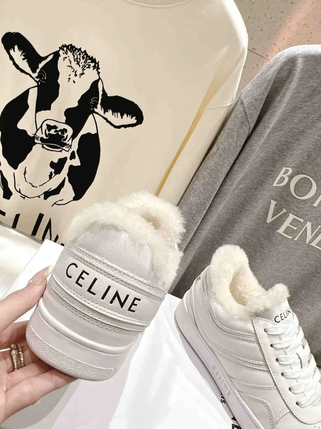 Celine Trainer Low Lace-Up Sneaker In Fur White Celine Trainer Low Lace-Up Sneaker In Fur White