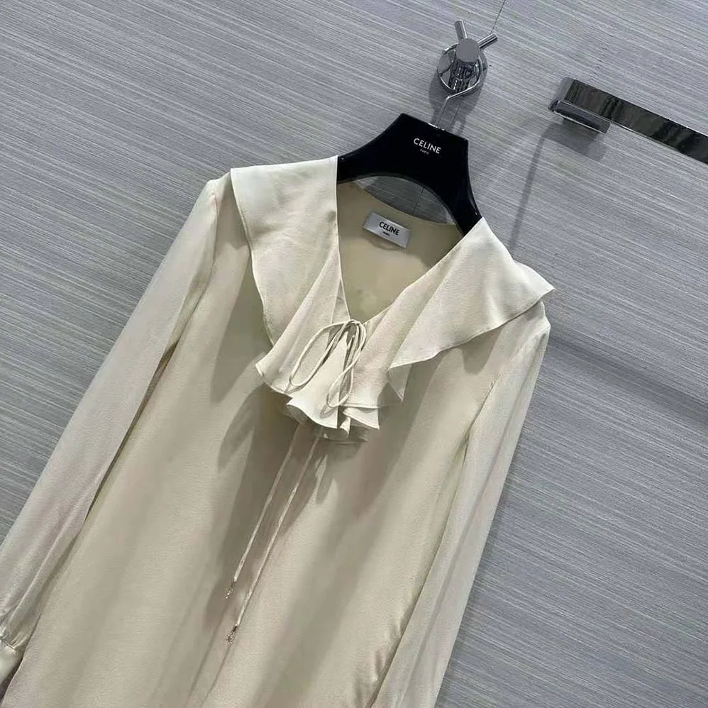 Celine Jabot Dress in Lightweight Silk Sablé for Women in Beige Celine Jabot Dress in Lightweight Silk Sablé for Women in Beige