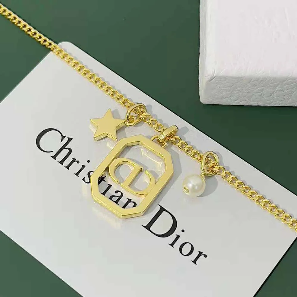 Dior Petit CD Necklace Gold-Finish Metal with a White Resin Pearl and White Crystals for Women Dior Petit CD Necklace Gold-Finish Metal with a White Resin Pearl and White Crystals for Women