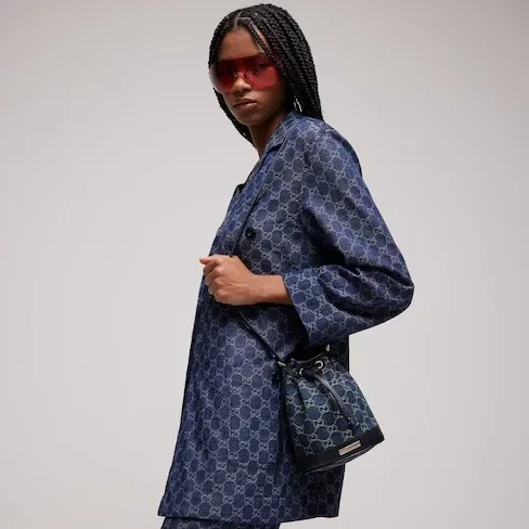 Gucci Bucket With Gucci Plaque Mini Shoulder Bag / Dark Blue Denim Palladium Hardware Gucci Bucket With Gucci Plaque Mini Shoulder Bag / Dark Blue Denim Palladium Hardware